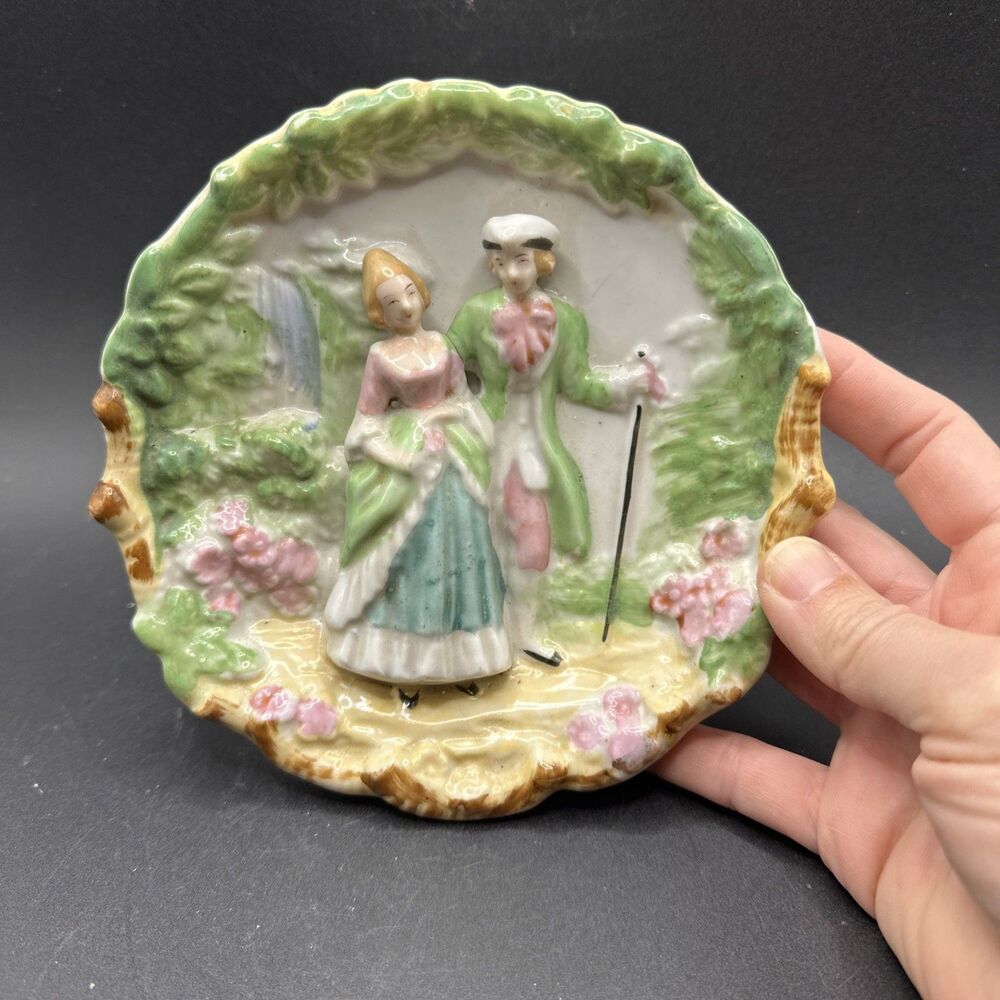 Vintage Porcelain Wall Plaque 3D Plate - Couple Hand Painted Andrea